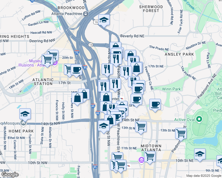 map of restaurants, bars, coffee shops, grocery stores, and more near 1280 West Peachtree Street Northwest in Atlanta