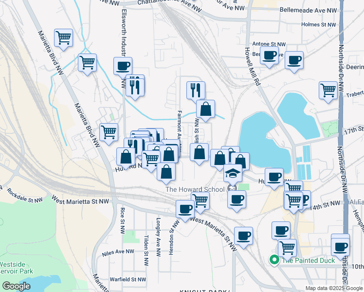 map of restaurants, bars, coffee shops, grocery stores, and more near 1295 Fairmont Avenue Northwest in Atlanta