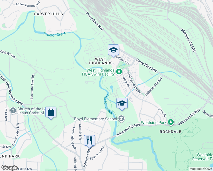 map of restaurants, bars, coffee shops, grocery stores, and more near 903 Samples Lane Northwest in Atlanta