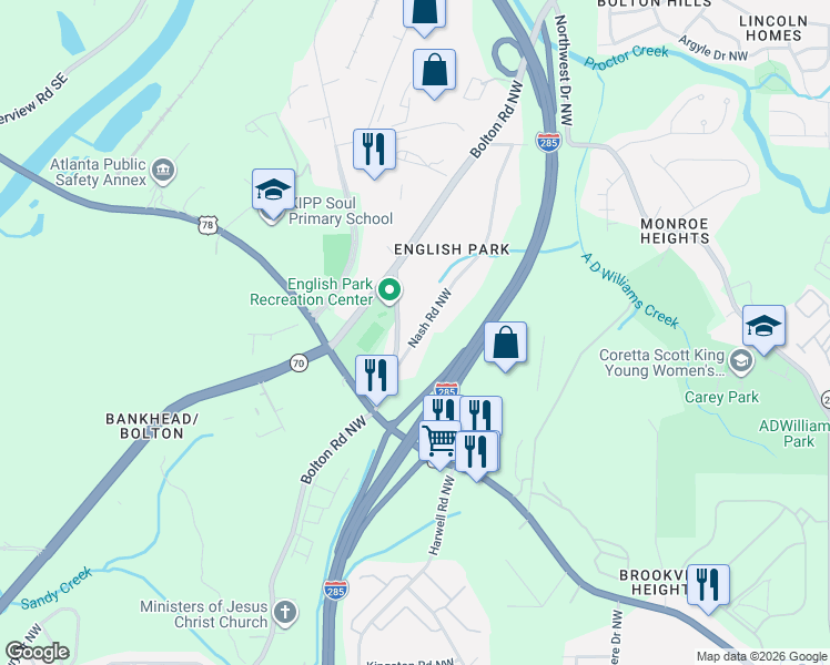 map of restaurants, bars, coffee shops, grocery stores, and more near 1300 Bolton Road Northwest in Atlanta