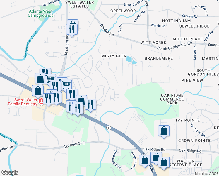 map of restaurants, bars, coffee shops, grocery stores, and more near 902 Waterford Club Drive in Lithia Springs