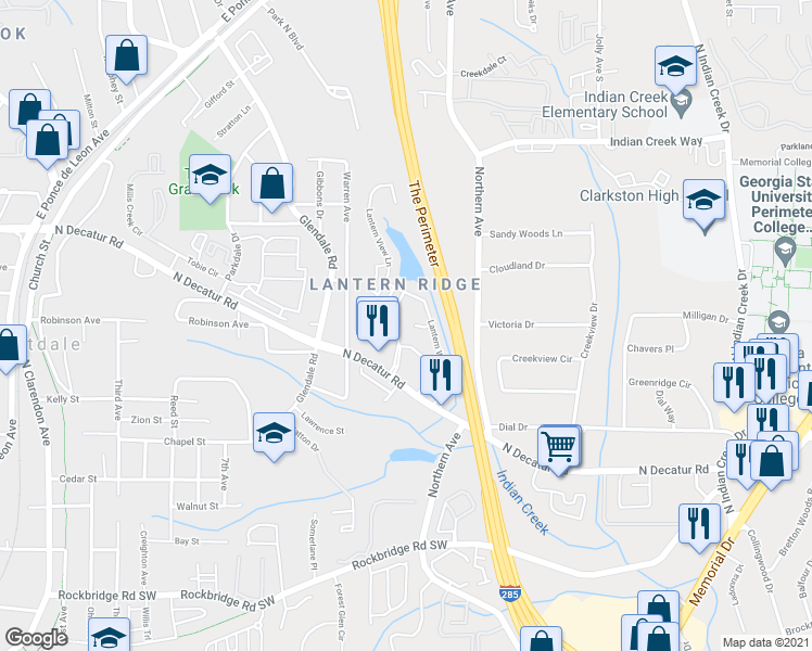 map of restaurants, bars, coffee shops, grocery stores, and more near 3673 Lantern Walk Lane in Scottdale