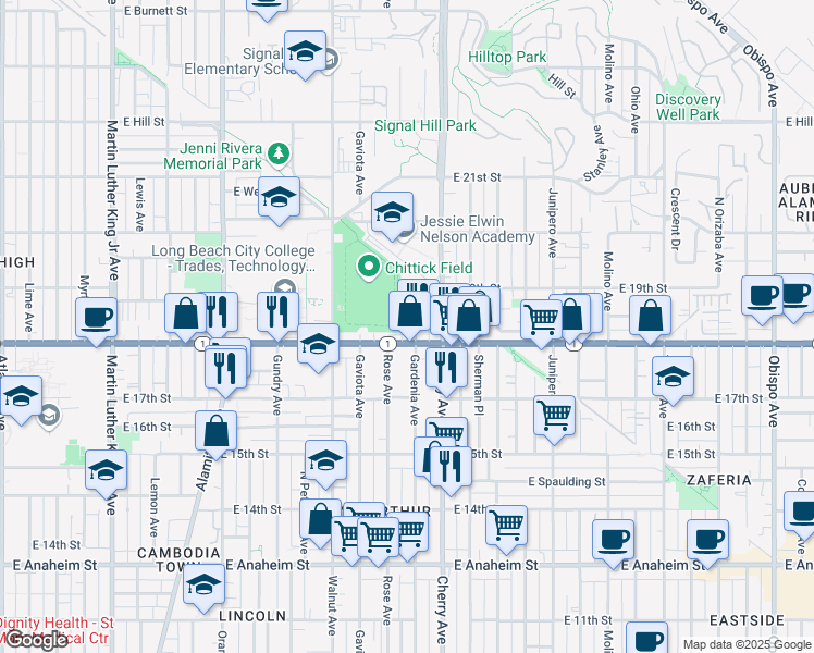 map of restaurants, bars, coffee shops, grocery stores, and more near 1823 Gardenia Avenue in Long Beach