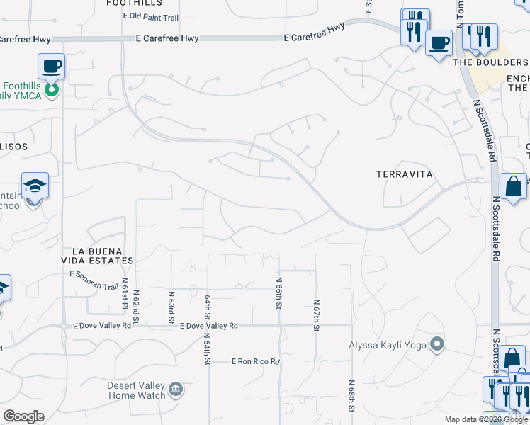 map of restaurants, bars, coffee shops, grocery stores, and more near 6557 East Evening Glow Drive in Scottsdale