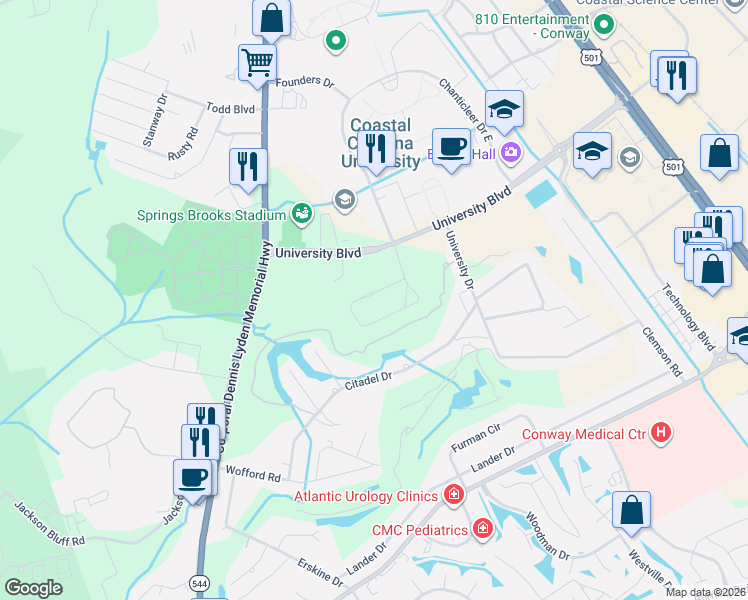 map of restaurants, bars, coffee shops, grocery stores, and more near 120 Quail Run in Conway