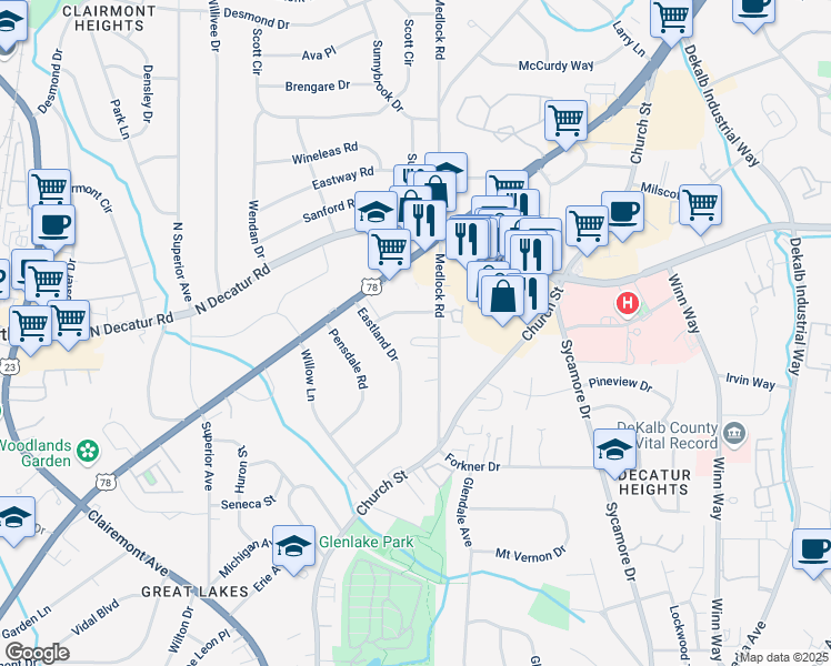 map of restaurants, bars, coffee shops, grocery stores, and more near 2400 Charleston Oaks Lane in Decatur