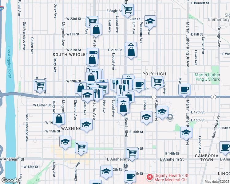 map of restaurants, bars, coffee shops, grocery stores, and more near 1830 Locust Avenue in Long Beach