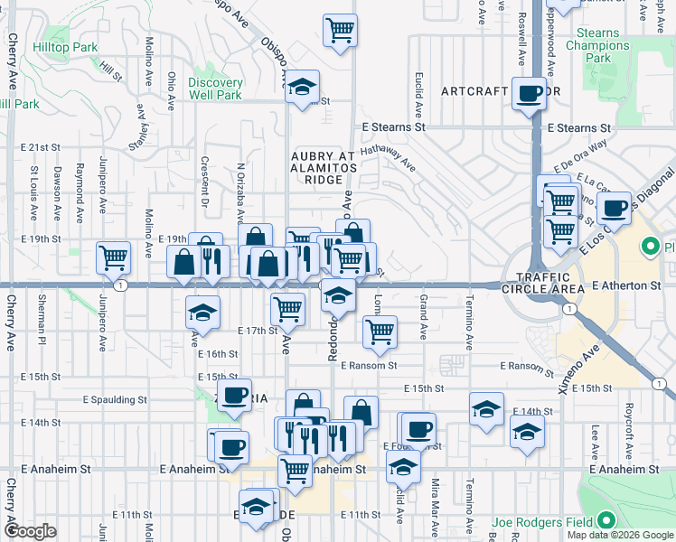 map of restaurants, bars, coffee shops, grocery stores, and more near 1813 Redondo Avenue in Signal Hill