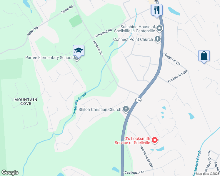 map of restaurants, bars, coffee shops, grocery stores, and more near 3801 Johnson Drive in Snellville