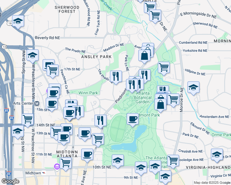 map of restaurants, bars, coffee shops, grocery stores, and more near 37 South Prado Northeast in Atlanta