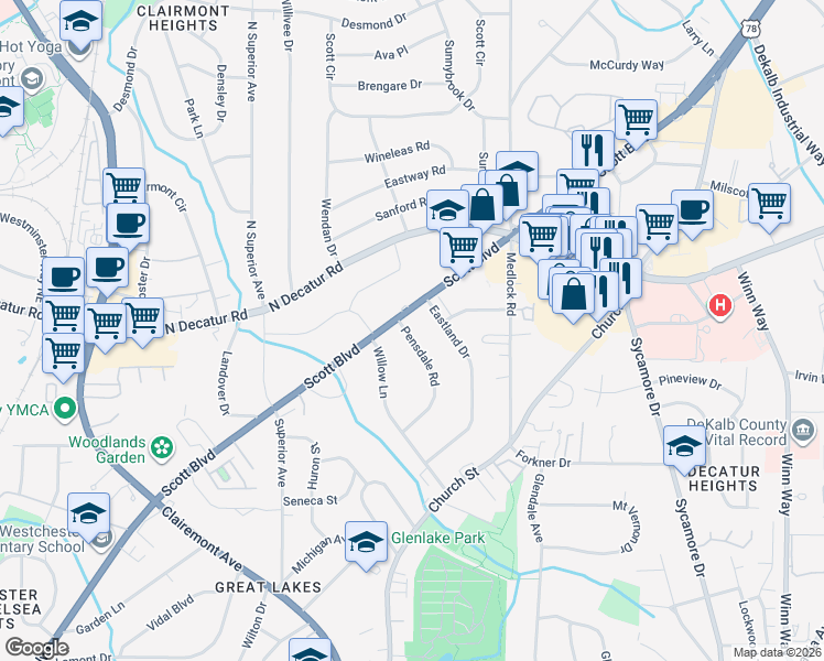 map of restaurants, bars, coffee shops, grocery stores, and more near 1377 Scott Boulevard in Decatur