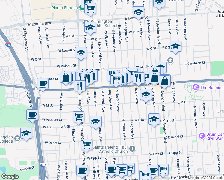 map of restaurants, bars, coffee shops, grocery stores, and more near 614 West Pacific Coast Highway in Los Angeles