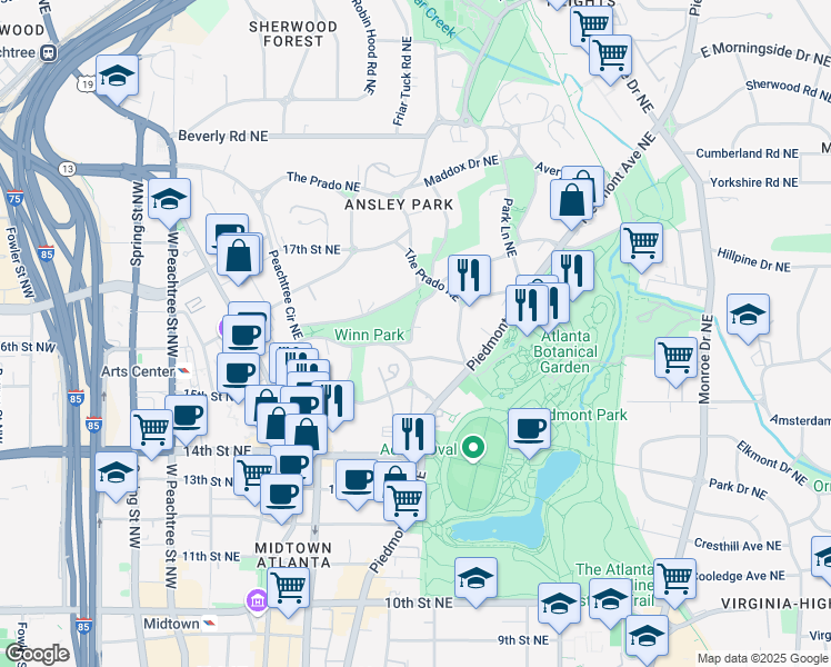 map of restaurants, bars, coffee shops, grocery stores, and more near 21 Barksdale Drive Northeast in Atlanta