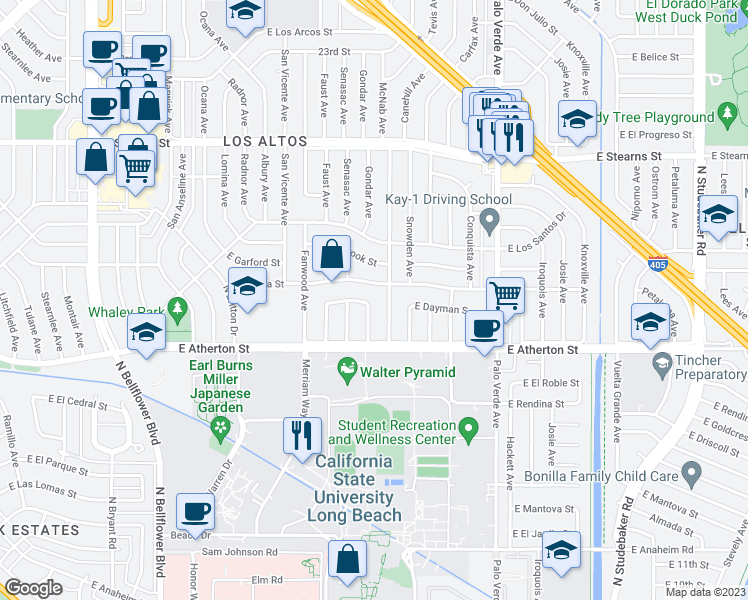 map of restaurants, bars, coffee shops, grocery stores, and more near 1872 North College Circle in Long Beach