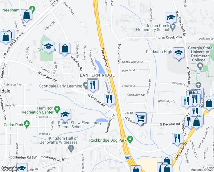 map of restaurants, bars, coffee shops, grocery stores, and more near Lantern Wood Dr & Lantern Walk Ln in Scottdale