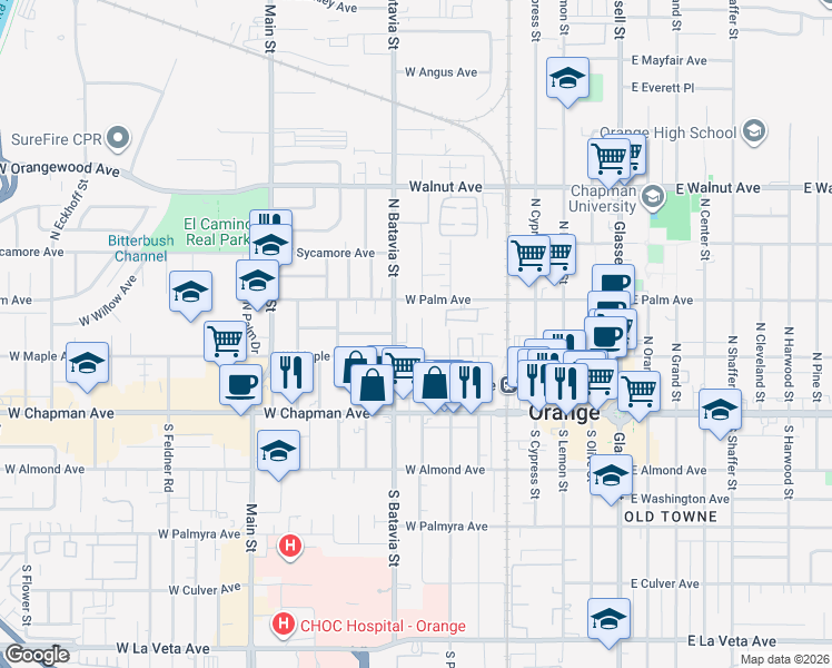 map of restaurants, bars, coffee shops, grocery stores, and more near 238 North Clark Street in Orange