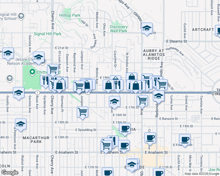 map of restaurants, bars, coffee shops, grocery stores, and more near 1837 Temple Avenue in Signal Hill
