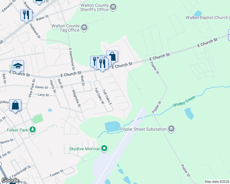 map of restaurants, bars, coffee shops, grocery stores, and more near 1121 Classic Trail in Monroe