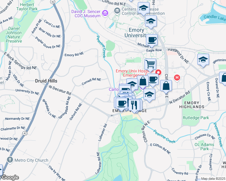 map of restaurants, bars, coffee shops, grocery stores, and more near 1319 Oxford Road Northeast in Atlanta