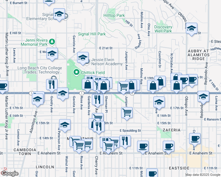 map of restaurants, bars, coffee shops, grocery stores, and more near 1825 Village Way in Signal Hill