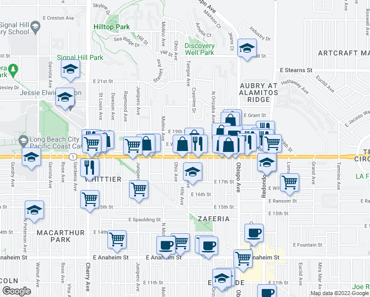 map of restaurants, bars, coffee shops, grocery stores, and more near 1837 Temple Avenue in Signal Hill