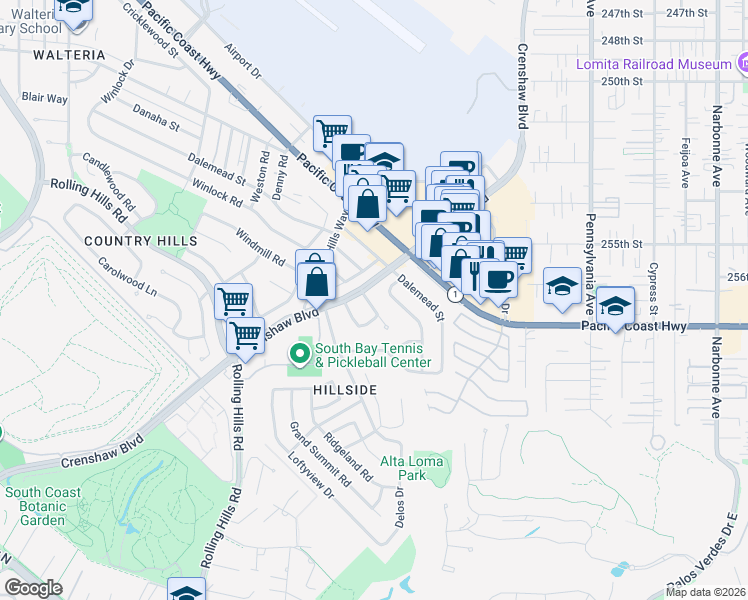 map of restaurants, bars, coffee shops, grocery stores, and more near 2687 Clarellen Street in Torrance