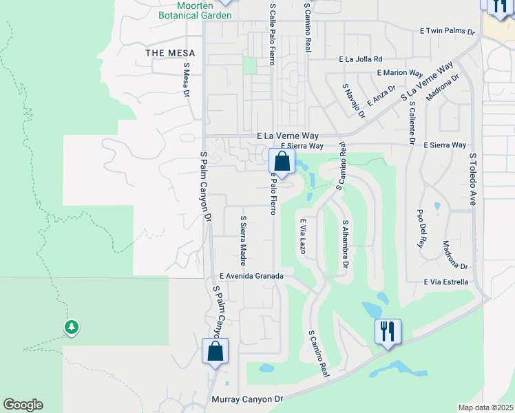 map of restaurants, bars, coffee shops, grocery stores, and more near 489 San Jose Road in Palm Springs
