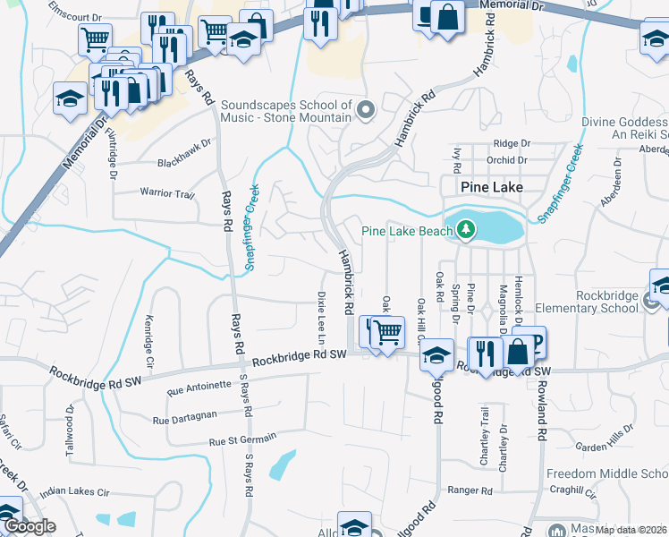 map of restaurants, bars, coffee shops, grocery stores, and more near 4292 Village Square Lane in Stone Mountain