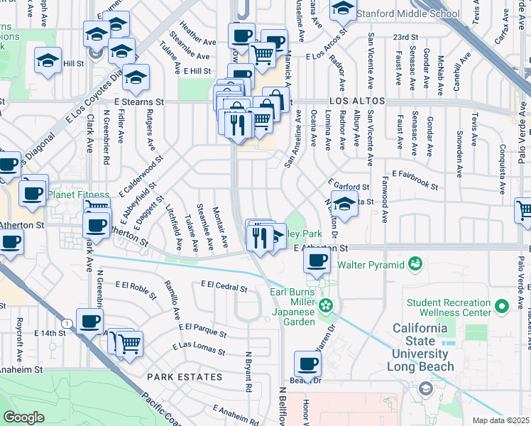 map of restaurants, bars, coffee shops, grocery stores, and more near 1881 Chatwin Avenue in Long Beach