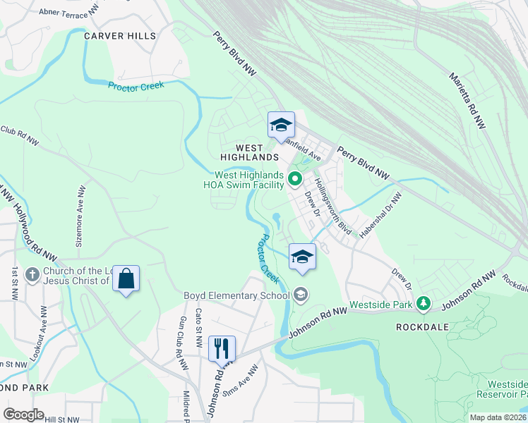 map of restaurants, bars, coffee shops, grocery stores, and more near 903 Samples Lane Northwest in Atlanta