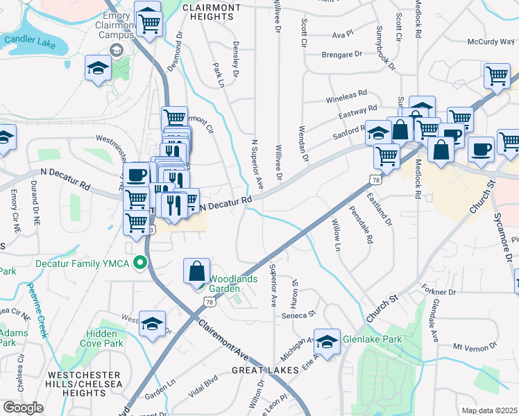 map of restaurants, bars, coffee shops, grocery stores, and more near 510 Superior Avenue in Decatur
