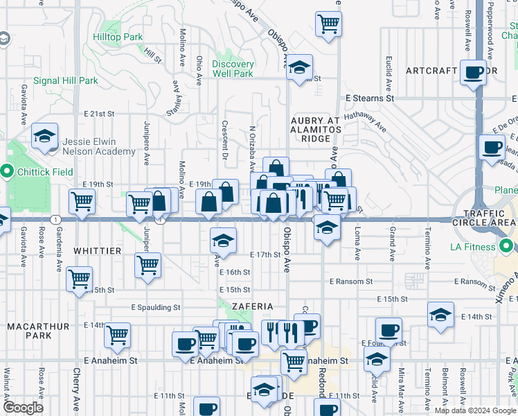 map of restaurants, bars, coffee shops, grocery stores, and more near 1838 Orizaba Avenue in Signal Hill