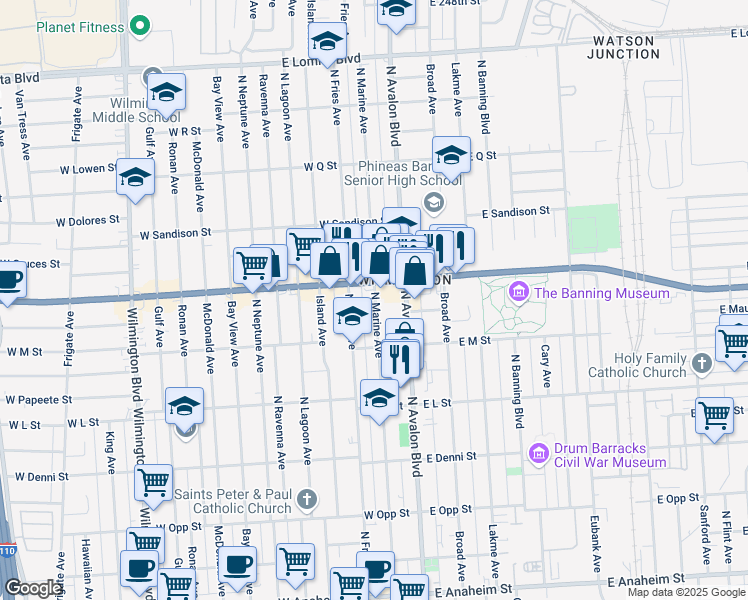 map of restaurants, bars, coffee shops, grocery stores, and more near 1351 North Marine Avenue in Los Angeles