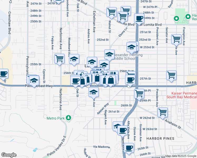 map of restaurants, bars, coffee shops, grocery stores, and more near 1956 257th Street in Lomita