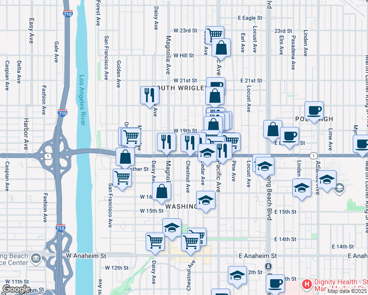map of restaurants, bars, coffee shops, grocery stores, and more near 1825 Chestnut Avenue in Long Beach