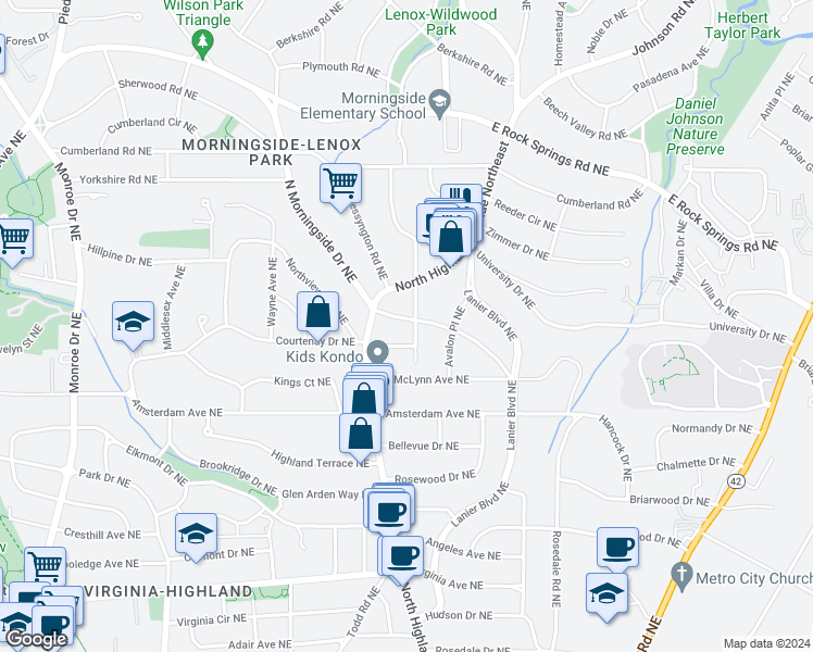 map of restaurants, bars, coffee shops, grocery stores, and more near 1306 North Morningside Drive Northeast in Atlanta