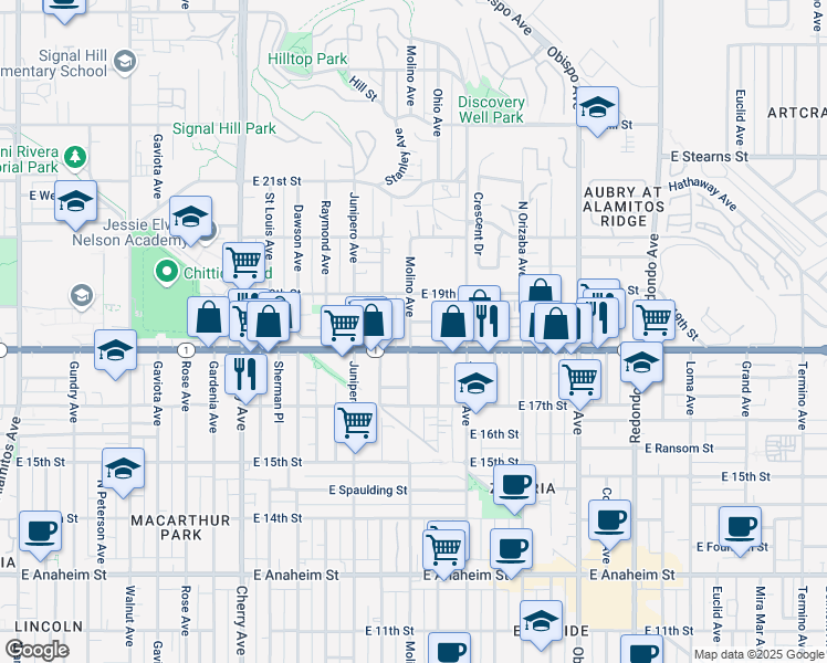 map of restaurants, bars, coffee shops, grocery stores, and more near 1836 Molino Avenue in Signal Hill