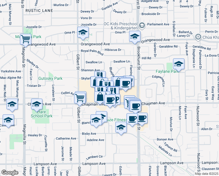 map of restaurants, bars, coffee shops, grocery stores, and more near 11851 Peacock Court in Garden Grove