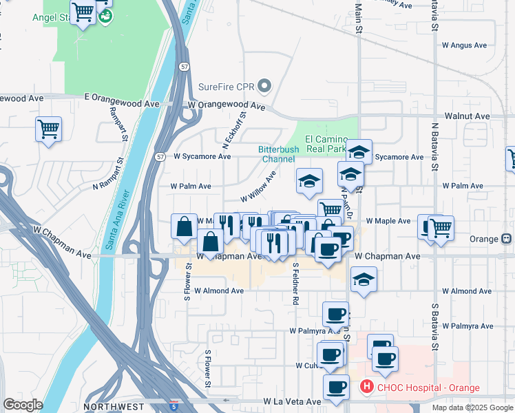 map of restaurants, bars, coffee shops, grocery stores, and more near 258 North Holly Street in Orange