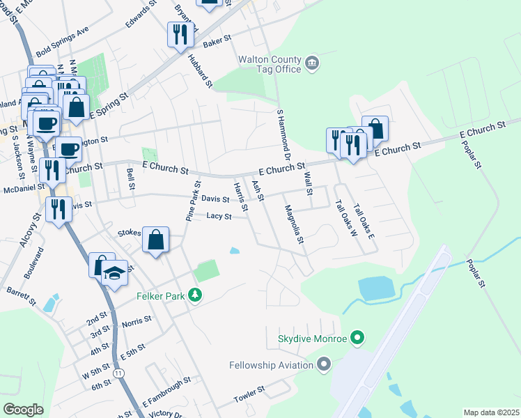 map of restaurants, bars, coffee shops, grocery stores, and more near 406 Ash Street in Monroe