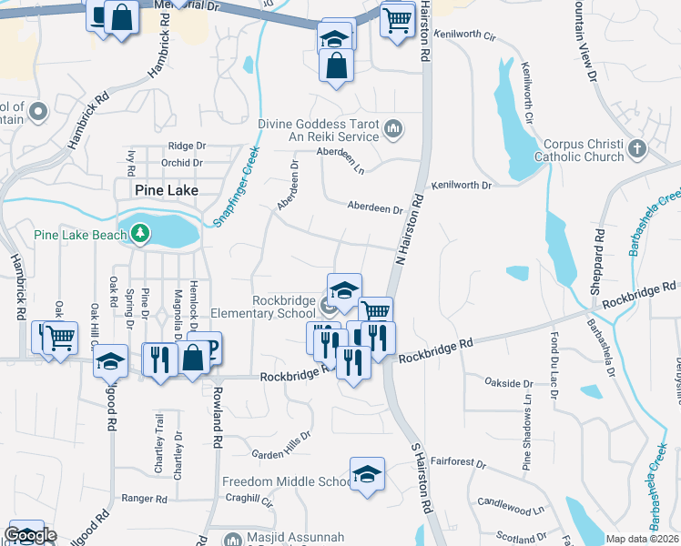 map of restaurants, bars, coffee shops, grocery stores, and more near 489 Halwick Way in Stone Mountain