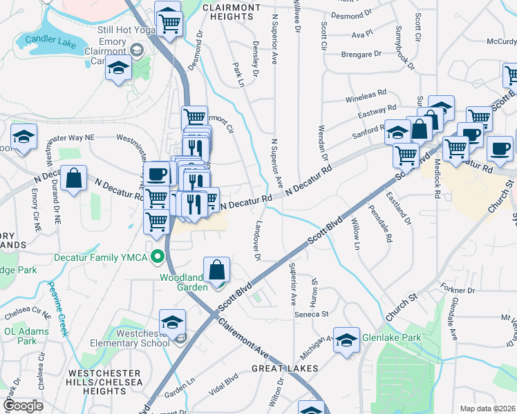 map of restaurants, bars, coffee shops, grocery stores, and more near 497 Sherman Way in Decatur