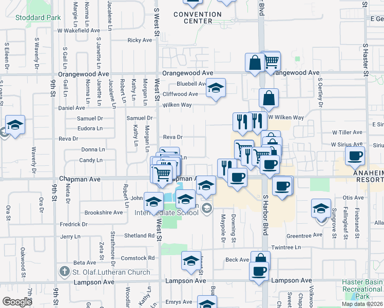 map of restaurants, bars, coffee shops, grocery stores, and more near 12141 Candy Lane in Garden Grove