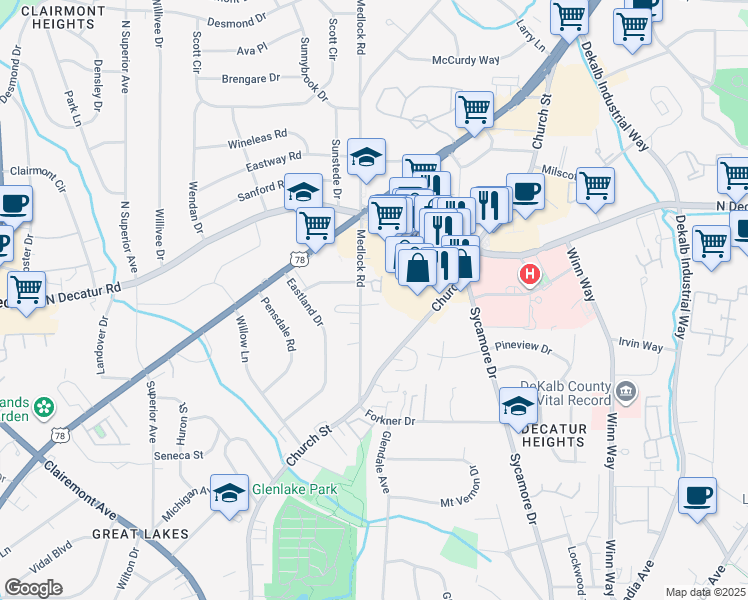map of restaurants, bars, coffee shops, grocery stores, and more near 2446 Medlock Commons in Decatur