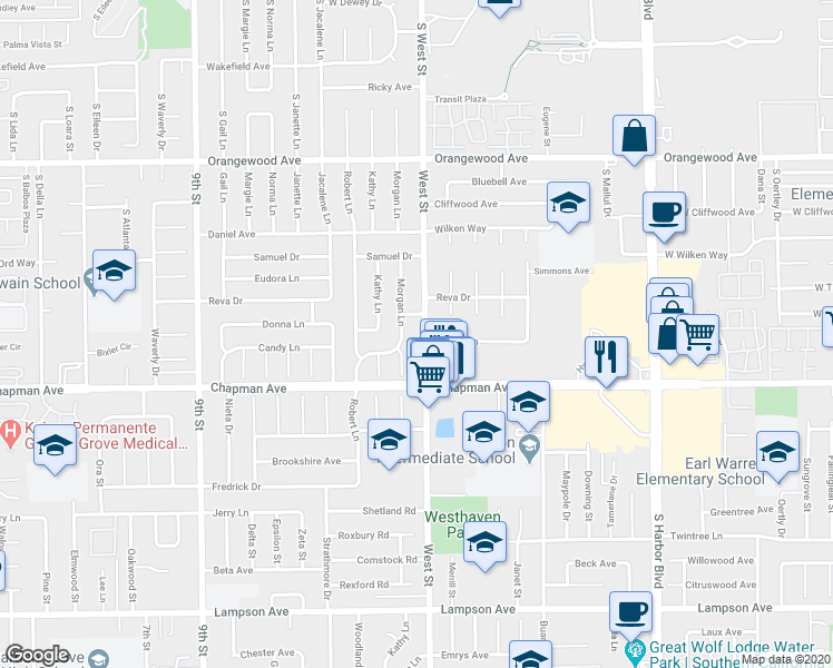 map of restaurants, bars, coffee shops, grocery stores, and more near 11861 West Street in Garden Grove