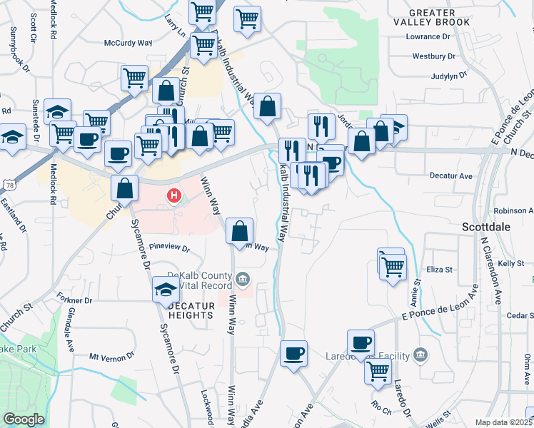 map of restaurants, bars, coffee shops, grocery stores, and more near 475 Irvin Court in Decatur