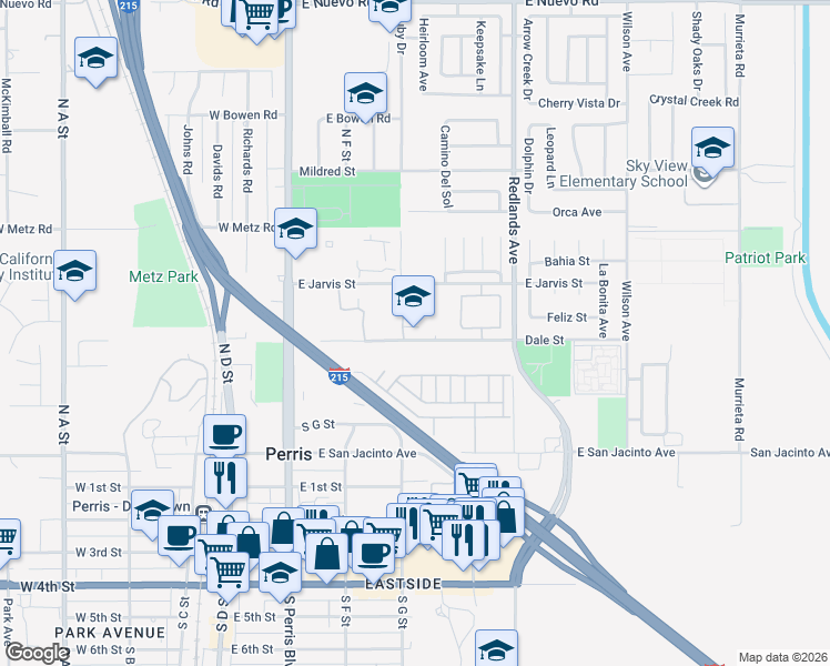 map of restaurants, bars, coffee shops, grocery stores, and more near 255 East Jarvis Street in Perris