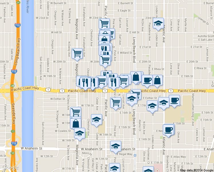 map of restaurants, bars, coffee shops, grocery stores, and more near 1826 Pacific Ave in Long Beach