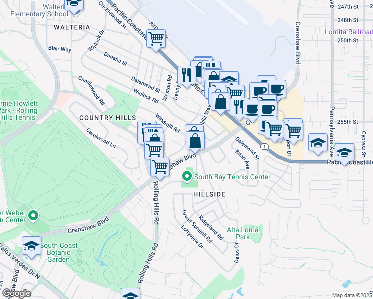 map of restaurants, bars, coffee shops, grocery stores, and more near 25612 Amber Leaf Road in Torrance