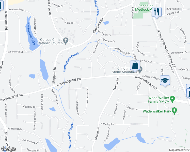 map of restaurants, bars, coffee shops, grocery stores, and more near 5278 Rockbridge Road Southwest in Stone Mountain